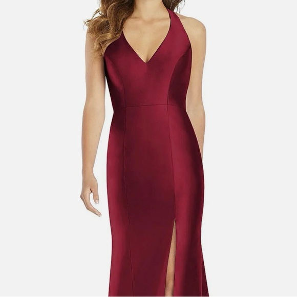 ALFRED SUNG v neck halter satin trumpet grown in Deep Red Maxi Dress - Picture 1 of 13